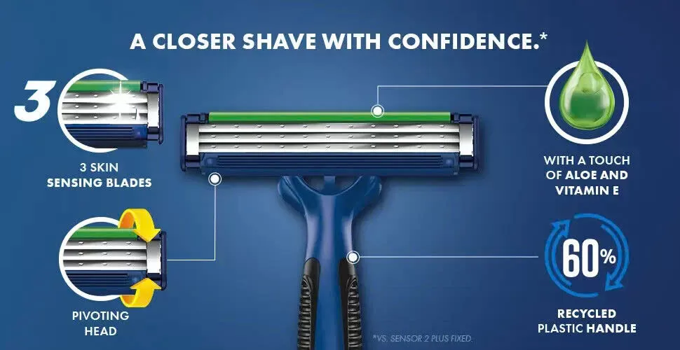 Dao cạo râu Gillette Custom Plus 3 Sensitive với 3 lưỡi cạo sát nhẵn, giảm ma sát, bảo vệ da nhạy cảm. Lựa chọn lý tưởng cho việc cạo râu hàng ngày.