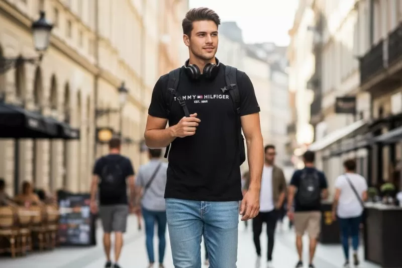 &Aacute;o thun nam Tommy Hilfiger m&agrave;u đen th&ecirc;u logo Tommy tinh tế size L