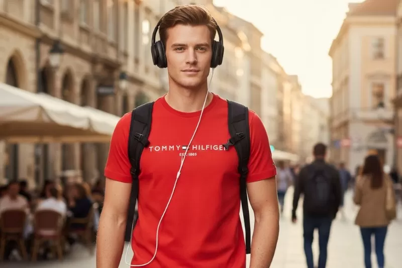 Áo thun nam Tommy Hilfiger màu đỏ thêu logo Tommy nổi bật size M