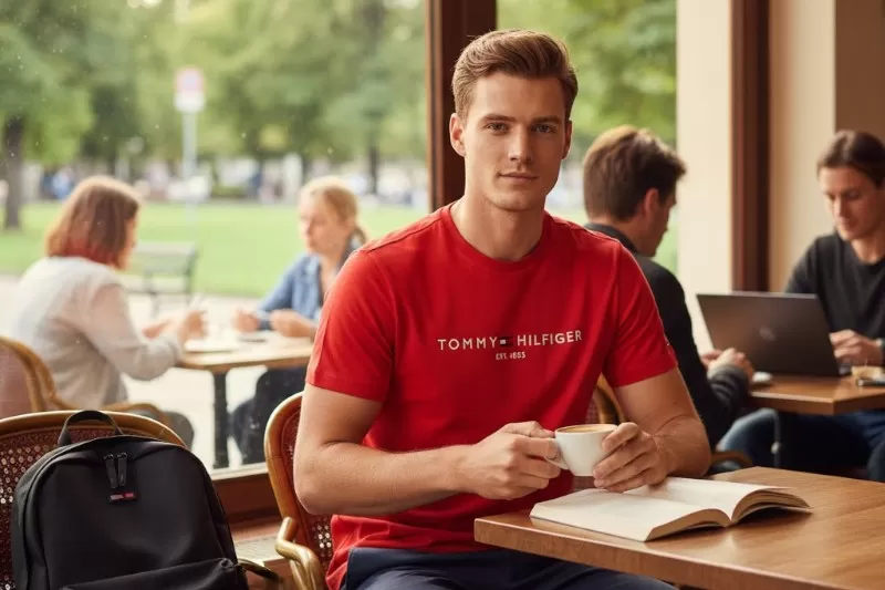 Áo thun nam Tommy Hilfiger Embroidered Tommy Logo đỏ size M form chuẩn