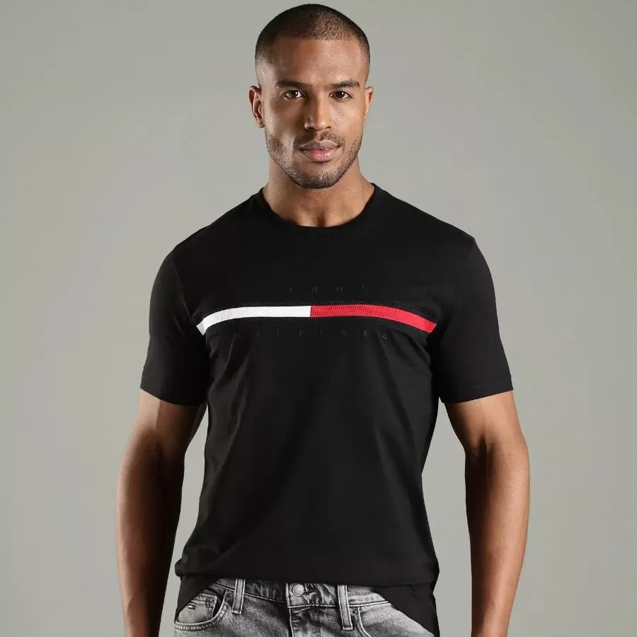Tommy Hilfiger Embroidered Flag Stripe Logo T-Shirt #L #Đen