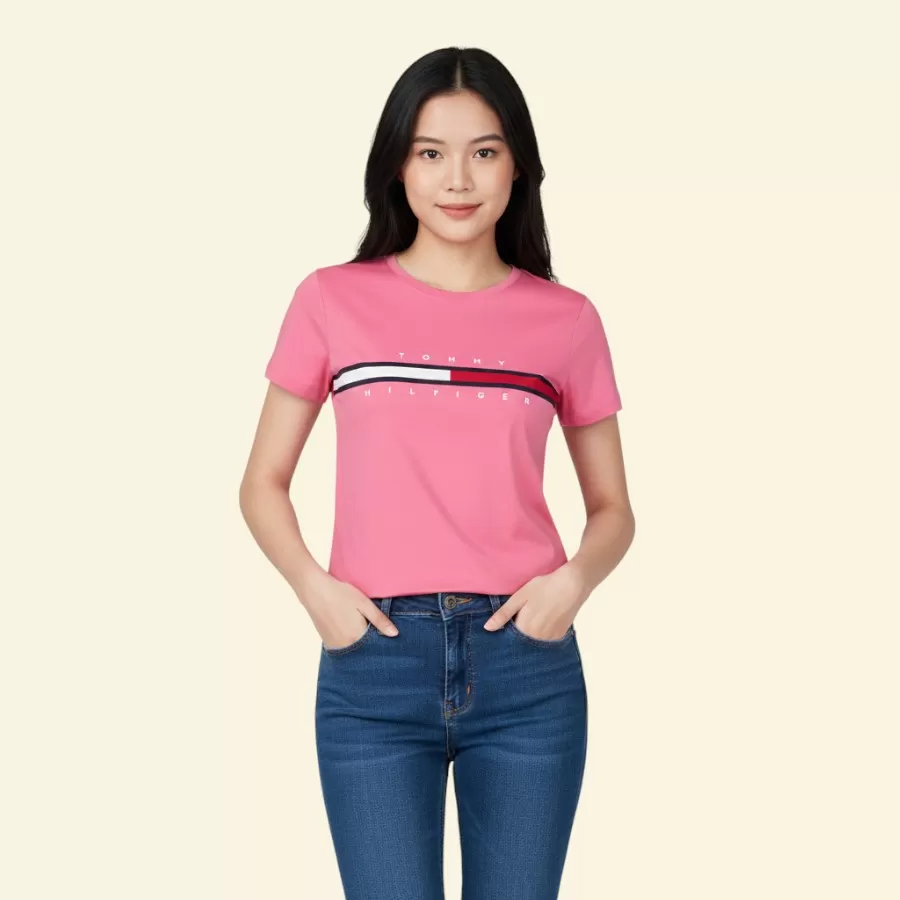Tommy Hilfiger Embroidered Flag Stripe Logo T-Shirt #S #Fandango Pink