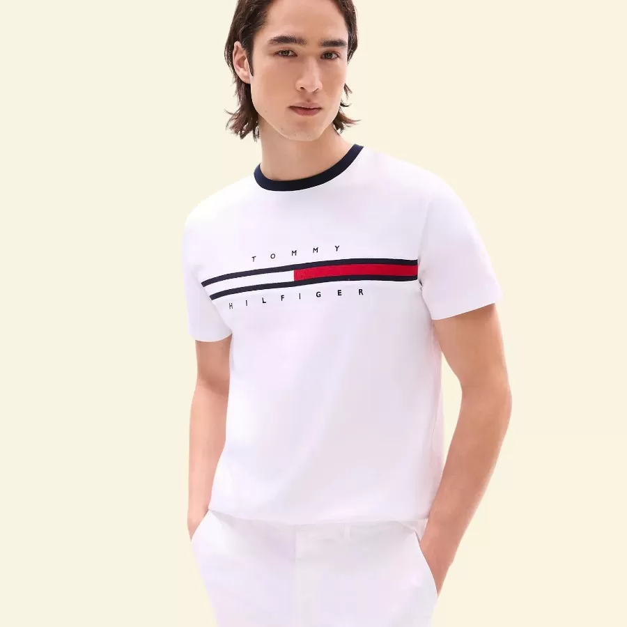 Tommy Hilfiger Embroidered Flag Stripe Logo T-Shirt #L #Trắng