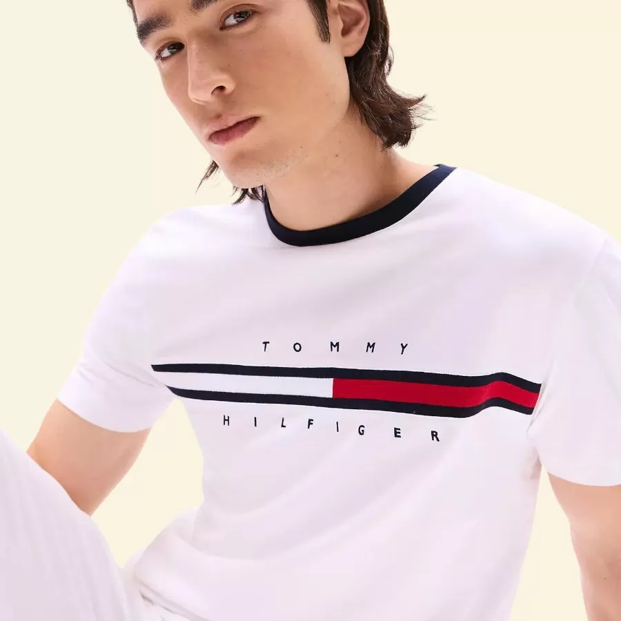 Tommy Hilfiger Embroidered Flag Stripe Logo T-Shirt #L #Trắng