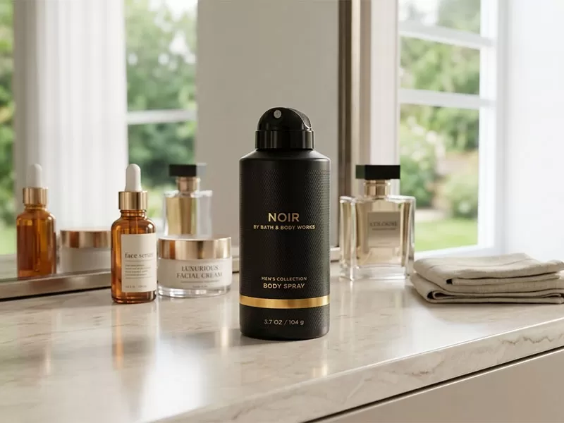 Xịt body nam Bath & Body Works Noir, hương thơm mạnh mẽ, thiết kế chai đen tinh tế.