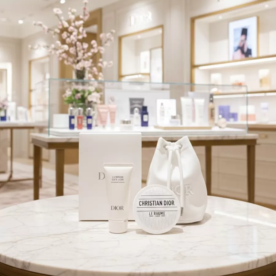 Set quà Dior La Mousse cao cấp, bao gồm 2 sản phẩm dưỡng da và túi mini sang trọng, thích hợp làm quà tặng.