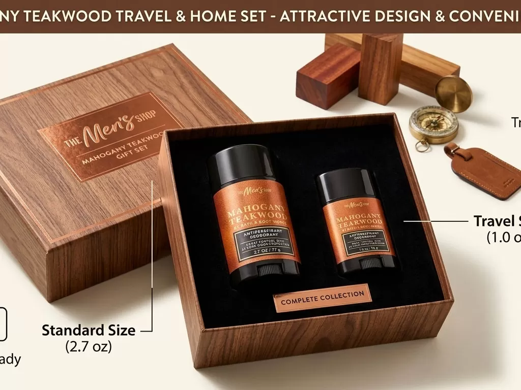 Gói sản phẩm lăn khử mùi Mahogany Teakwood, thiết kế đẹp mắt và tiện lợi.