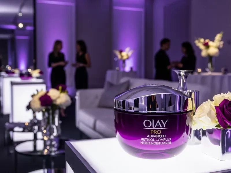 Một buổi lễ ra mắt sản phẩm Kem Dưỡng Ẩm Chống Lão Hóa Pro Advanced Retinol Complex Night Moisturizer của Olay, với lọ kem dưỡng màu tím nổi bật