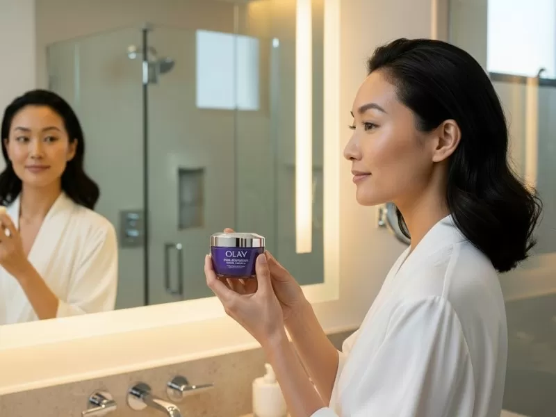 Người mẫu nữ châu Á tóc đen đang đứng trước gương, sử dụng Kem Dưỡng Ẩm Chống Lão Hóa Pro Advanced Retinol Complex Night Moisturizer để chăm sóc da mặt vào ban đêm.