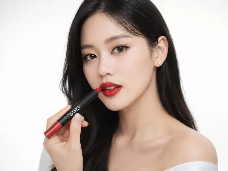 Son bút chì Nars trên môi người mẫu Hàn Quốc chụp studio phong cách quảng cáo sản phẩm, tông đỏ nổi bật, làn da mịn màng