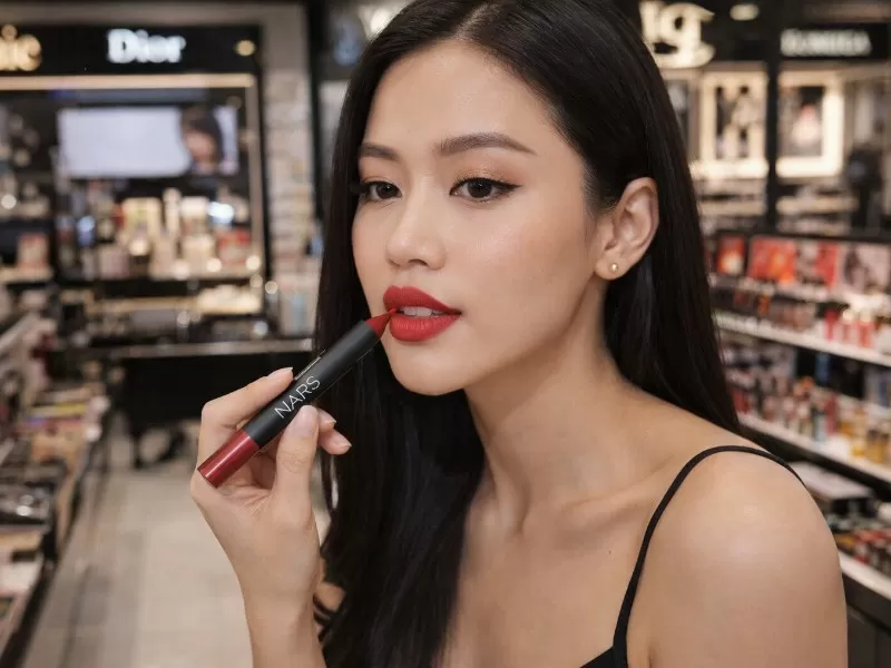 Son bút chì Nars được người mẫu nữ Việt Nam sử dụng trực tiếp trong shop mỹ phẩm hàng hiệu, màu đỏ sang trọng, chuẩn makeup chuyên nghiệp