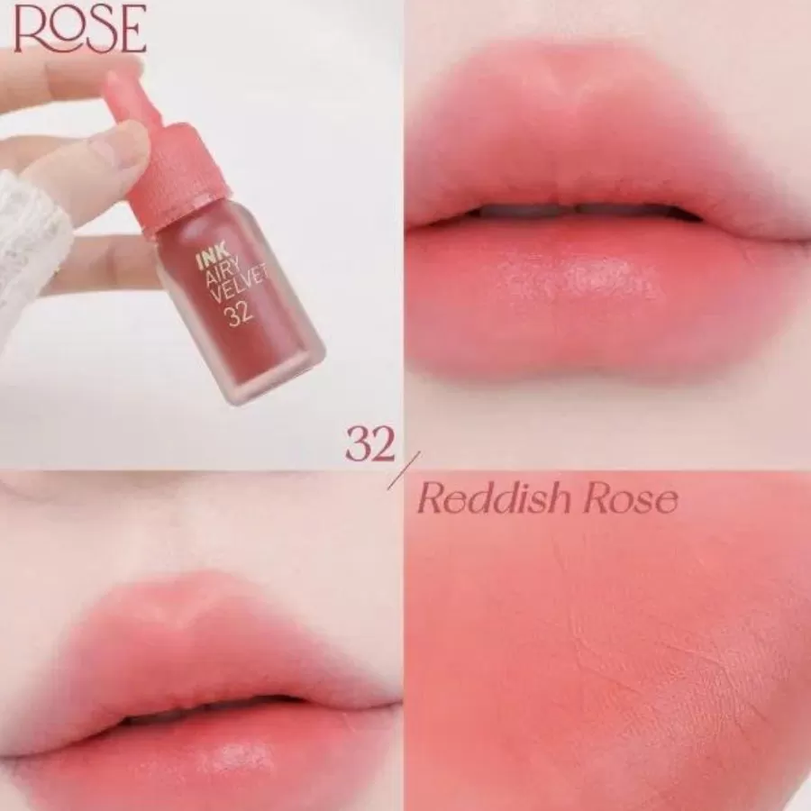 Son kem lì Peripera Ink Airy Velvet Reddish Rose 32 thiết kế nhỏ gọn, màu hồng đỏ sang trọng, phù hợp trang điểm hằng ngày