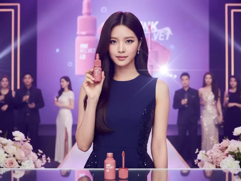 Son kem lì Peripera Ink Velvet tone hồng đất – người mẫu nữ cầm son trong không gian sự kiện mỹ phẩm sang trọng