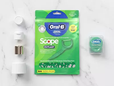 Tăm chỉ Oral-B Glide Scope Outlast Floss Picks loại bỏ mảng bám hiệu quả mà không làm tổn thương nướu.