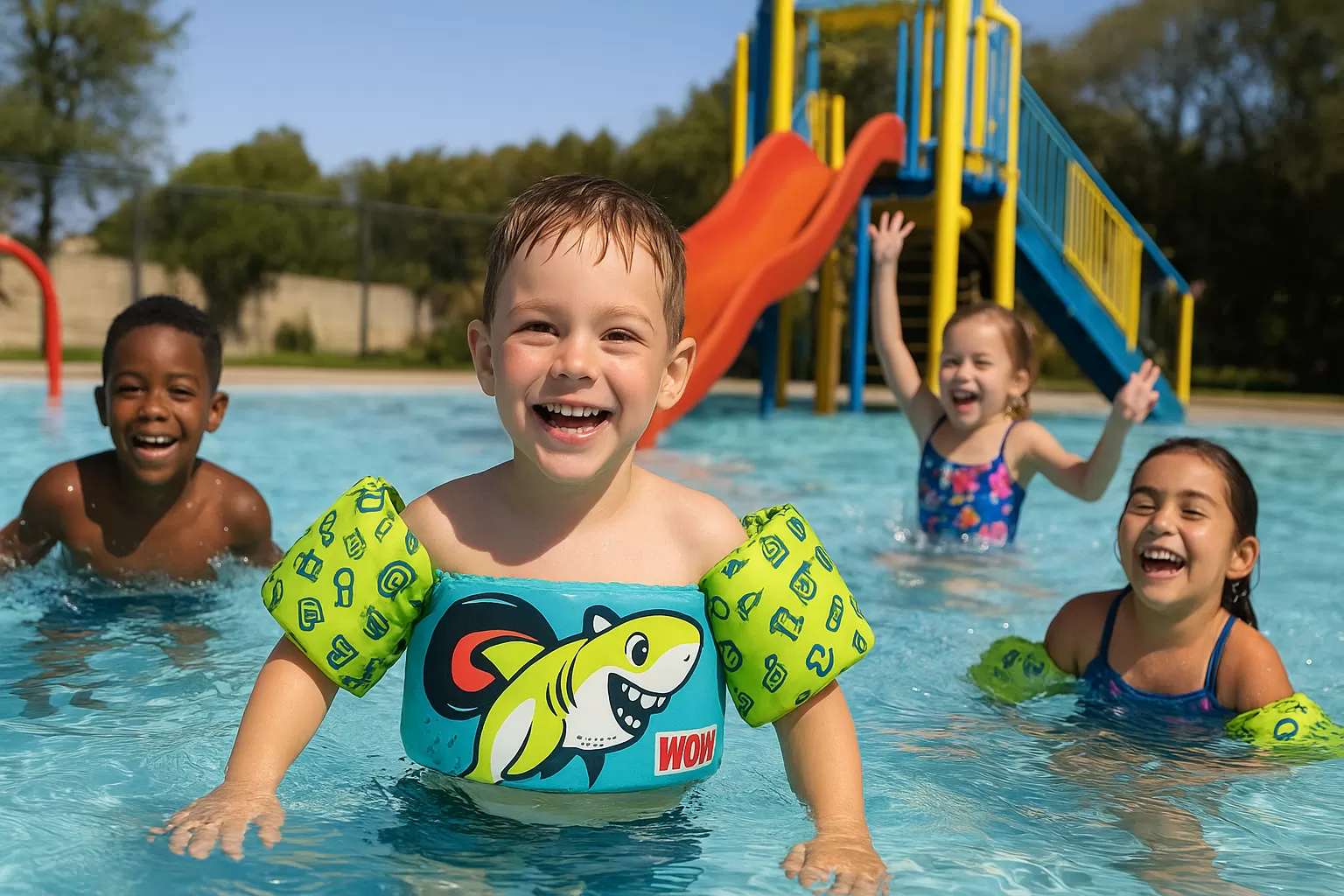 SwimSchool 2-in-1 Ultra Fit Tot Swimmer vest with detachable arm floats – thiết kế cá mập xanh cho bé trai