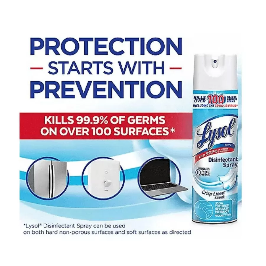 Xịt khử khuẩn không khí Lysol Crisp Linen Scent dung tích 19oz, lựa chọn tối ưu để loại bỏ vi khuẩn trên các bề mặt.
