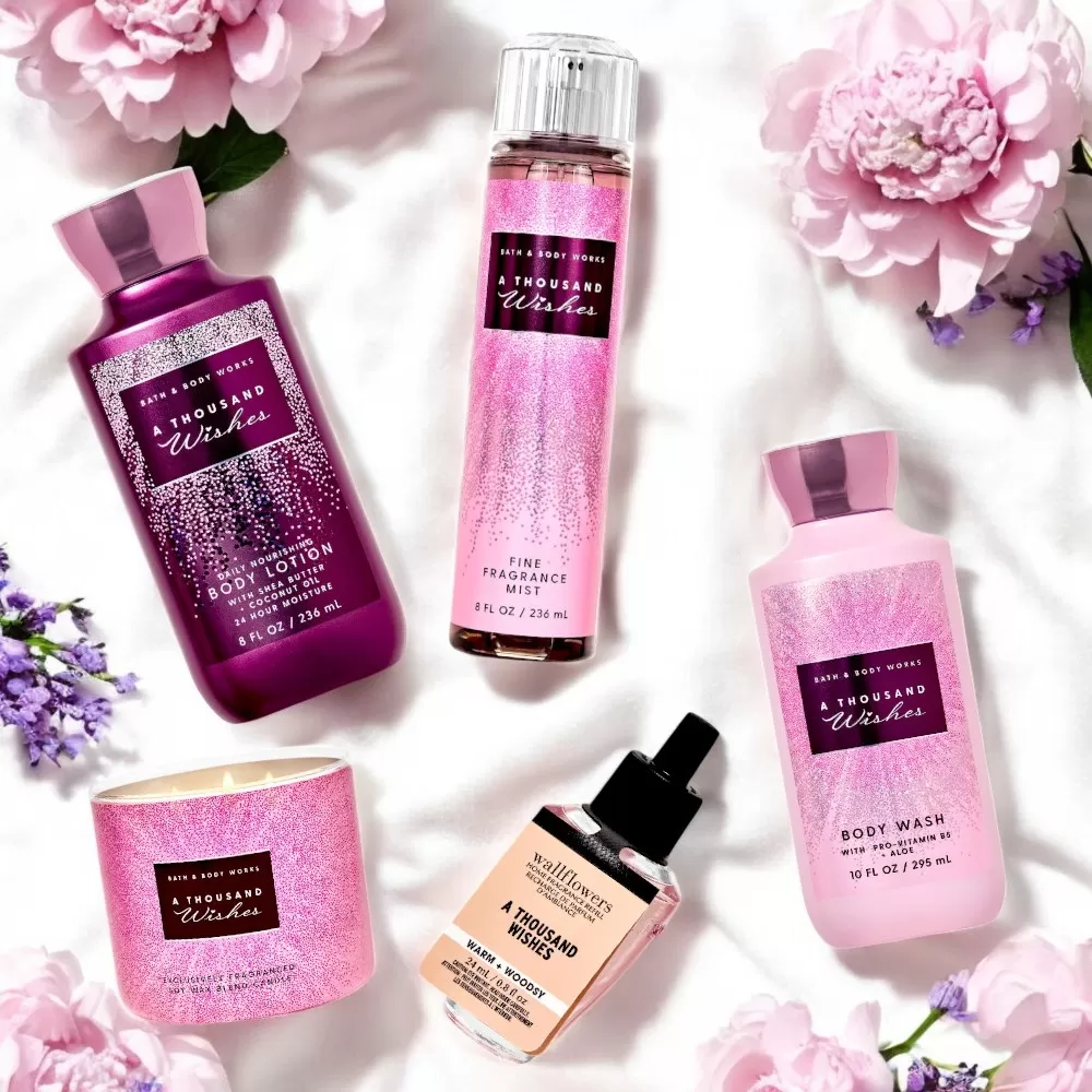 Set 5 món Quà Tặng Bath and Body Work hương A Thousand Wishes  - Sữa dưỡng thể, Sữa tắm, Xịt thơm toàn thân, Nến thơm, Tinh dầu.
