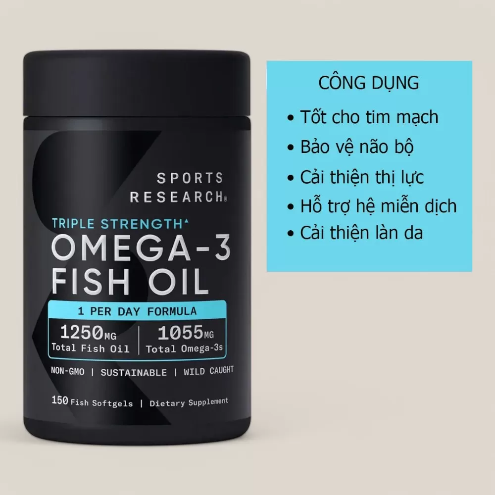 Viên Uống Dầu Cá Sports Research Triple Strength Omega 3 Fish Oil Của Mỹ #150 Viên