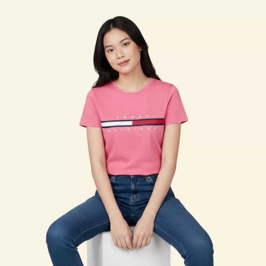 Tommy Hilfiger Embroidered Flag Stripe Logo T-Shirt #S #Fandango Pink