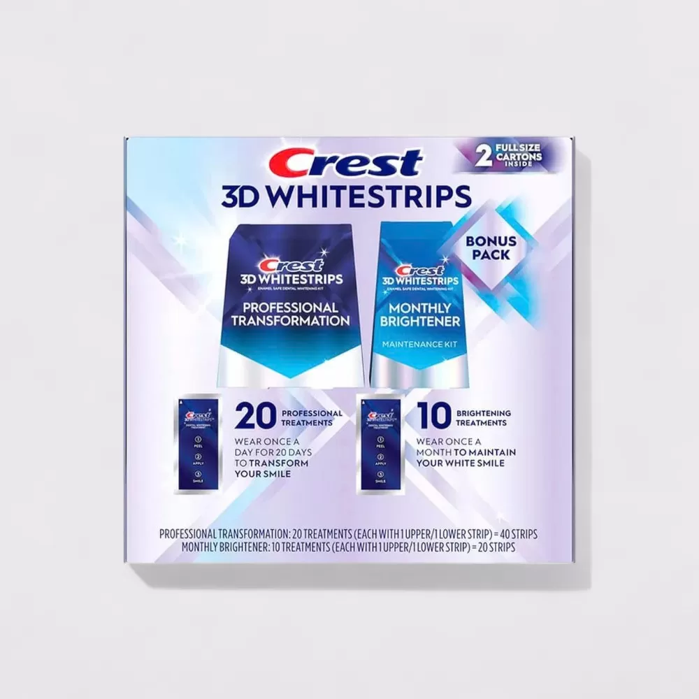 Set miếng dán trắng răng Crest 3D Whitestrips Professional Transformation 40 miếng + Monthly Brightener 20 miếng