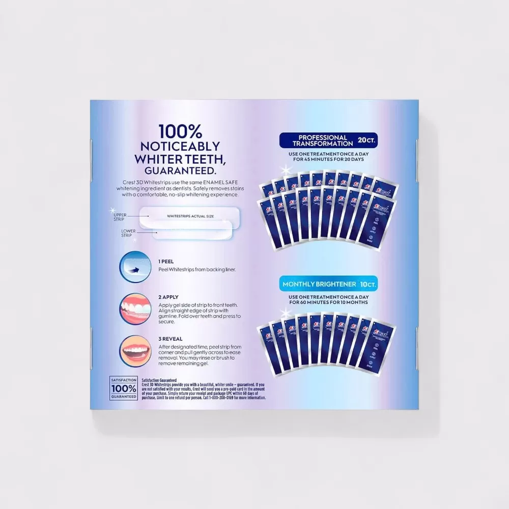 Set miếng dán trắng răng Crest 3D Whitestrips Professional Transformation 40 miếng + Monthly Brightener 20 miếng