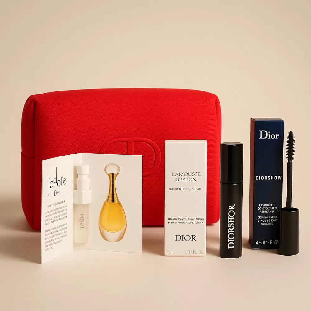 Set Quà Tặng Dior Mini: J’adore, Diorshow Mascara, La Mousse Off/On & Túi Mỹ Phẩm Đỏ