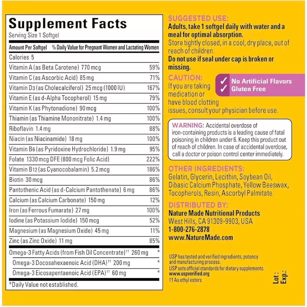 Viên Uống Vitamin Cho Bà Bầu Nature Made Prenatal Acid Folic + DHA #Hộp 150 viên - Hương Cam