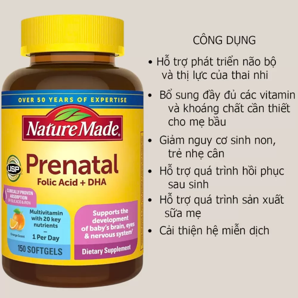 Viên Uống Vitamin Cho Bà Bầu Nature Made Prenatal Acid Folic + DHA #Hộp 150 viên - Hương Cam